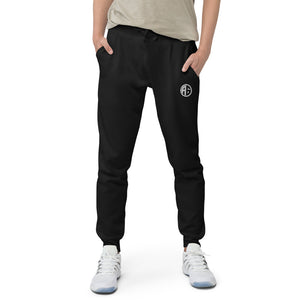 Black Unisex Fleece Sweatpants with a 100% cotton face, 3-end tightly knit fleece, functional front and back pockets, ribbed waist, and cuffed, side-seamed legs.