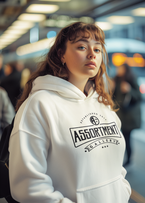 Hoodie mockup of a woman wearing a AG Classic hoodie in a subway