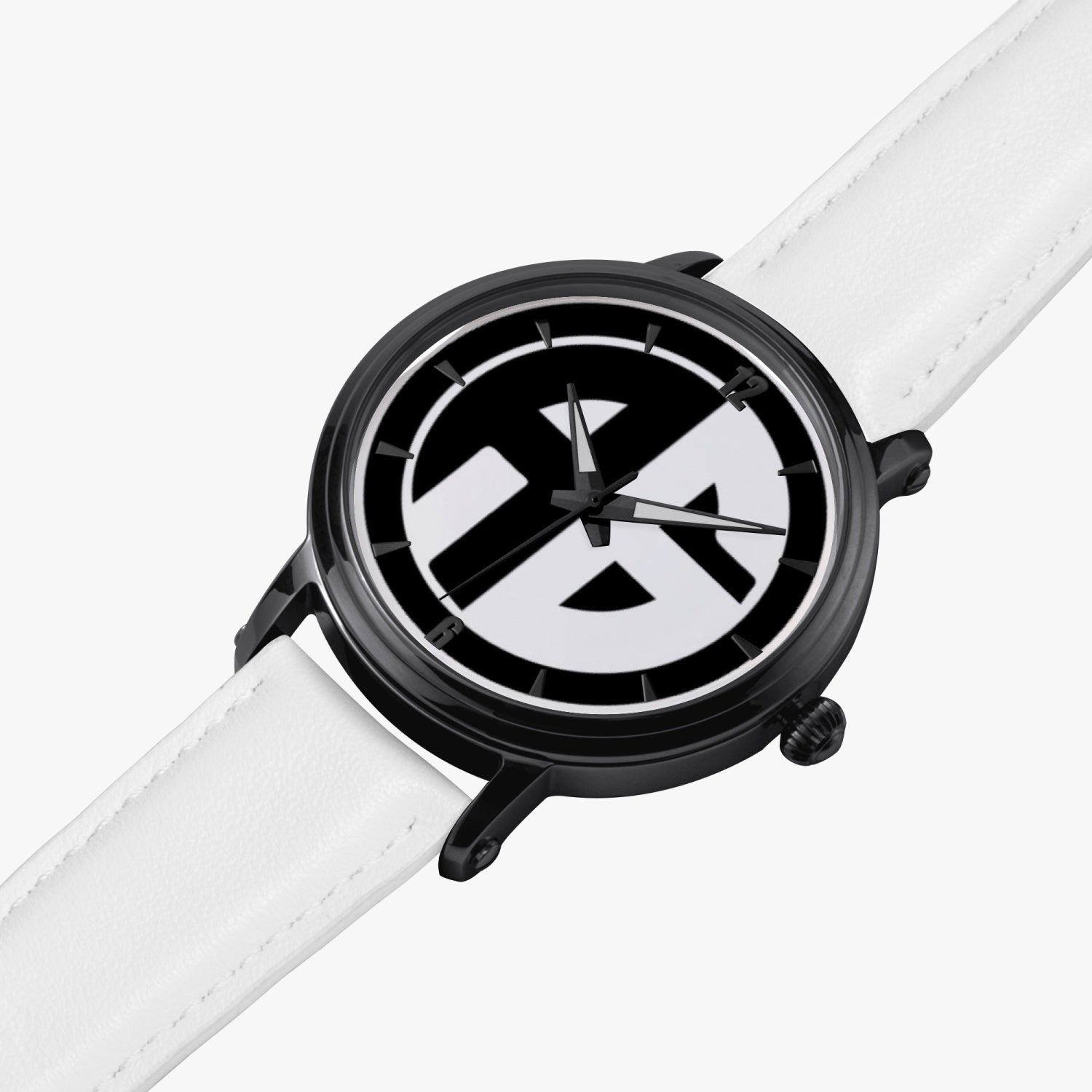 Black case with white band watch lying flat