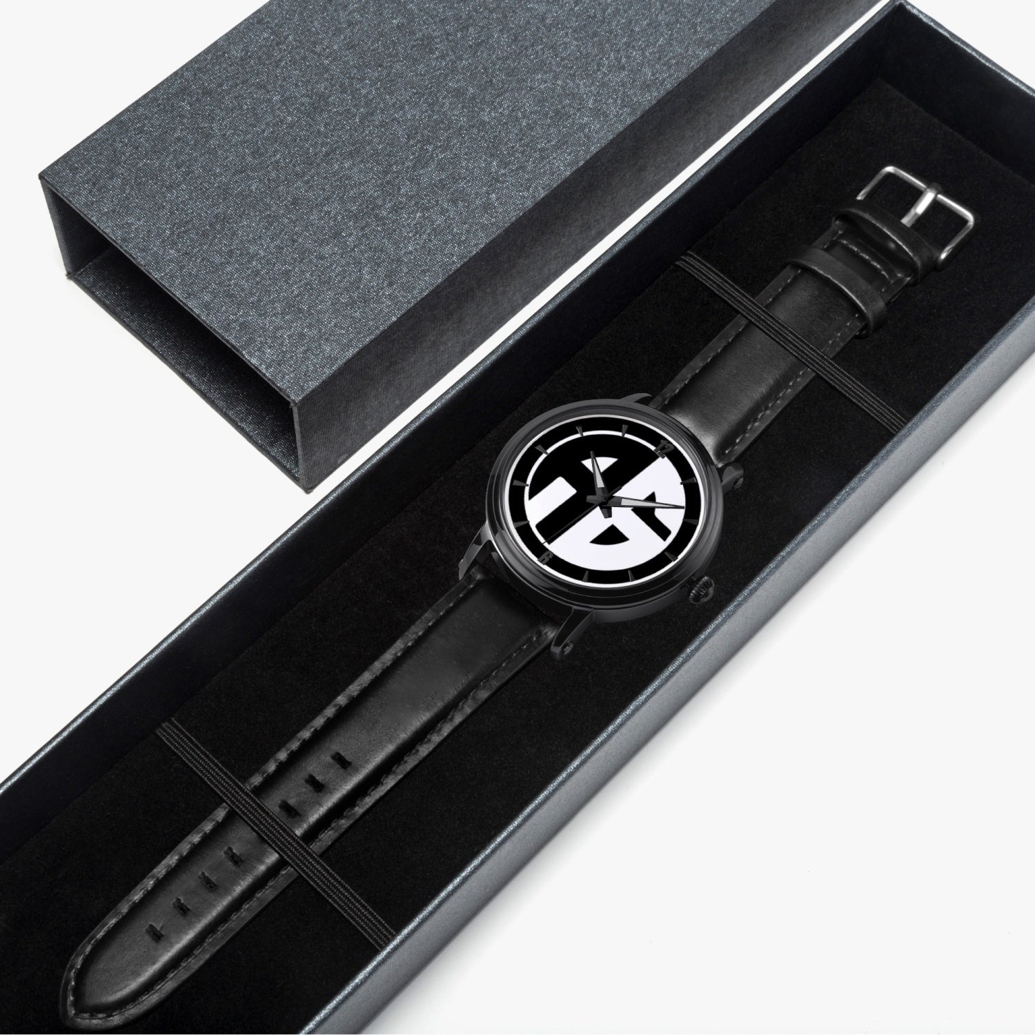 Black case with black band watch in box