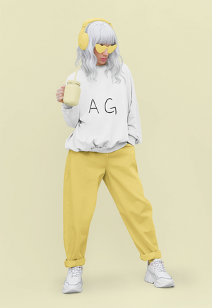 Trendy woman wearing AG sweatshirt