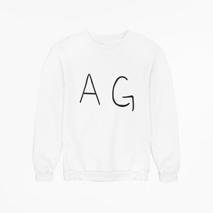 White AG hoodie with "AG" logo affixed 