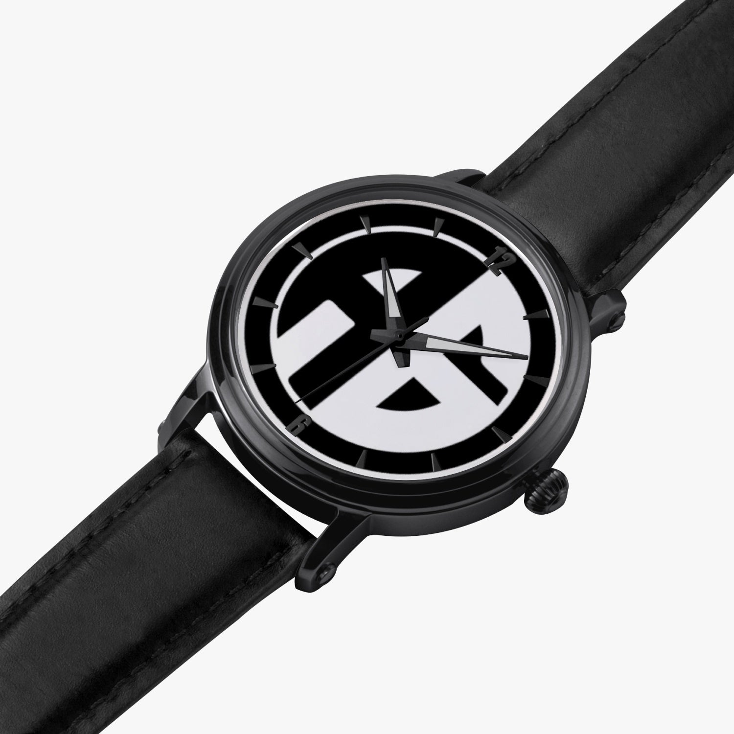 Black case with black band watch lying flat