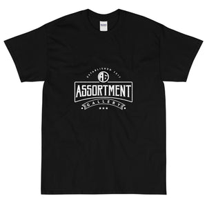 black tee shirt with white lettering of  Assortment Gallery logo 