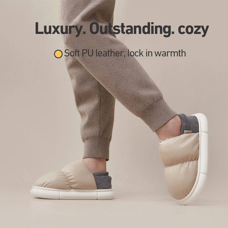 Person wearing Barley colored slippers. High-Quality Plush UTUNE Slippers — Indoor