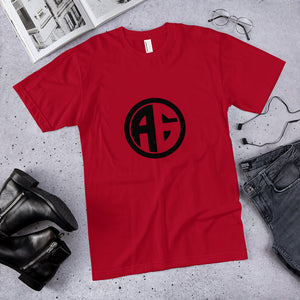 solo photo of red AG t-shirt next to other apparel